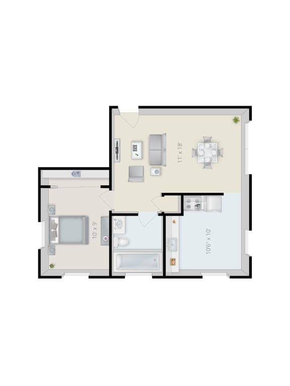 Floor Plan  A floor plan of a house with a kitchen, living room, and two bathrooms.