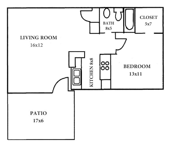 A floor plan of a house with a living room, bedroom, kitchen, and patio.