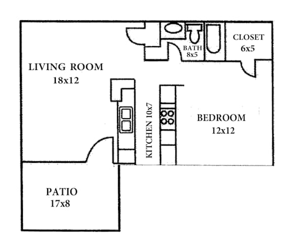 A floor plan of a small apartment with a living room, bedroom, kitchen, and bathroom.