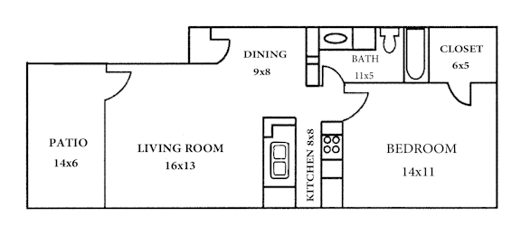 A floor plan of a house with a living room, dining room, kitchen, bathroom, bedroom, and patio.