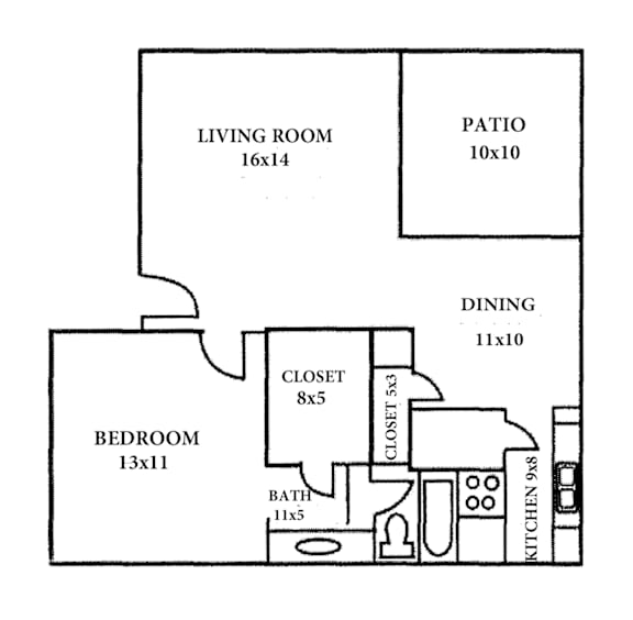 A floor plan of a house with a living room, dining room, bedroom, bathroom, kitchen, and patio.