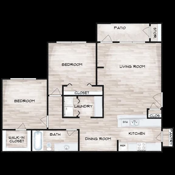 A diagram of a house layout with labeled rooms such as bedroom, living room, kitchen, and patio.