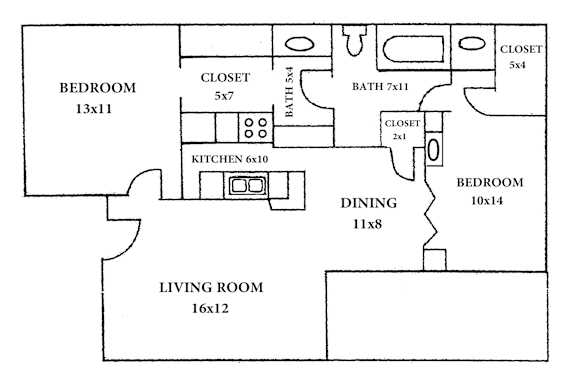 A floor plan of a house with a living room, two bedrooms, a dining room, and a kitchen.