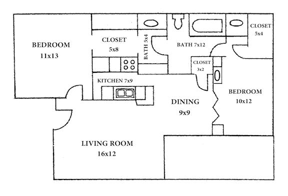 Floor Plan  A floor plan of a house with a living room, two bedrooms, a dining room, a kitchen, and a bathroom.