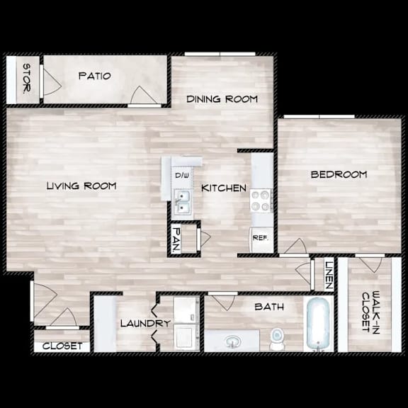 A floor plan of a house with a living room, dining room, kitchen, bedroom, bath, closet, and laundry room.