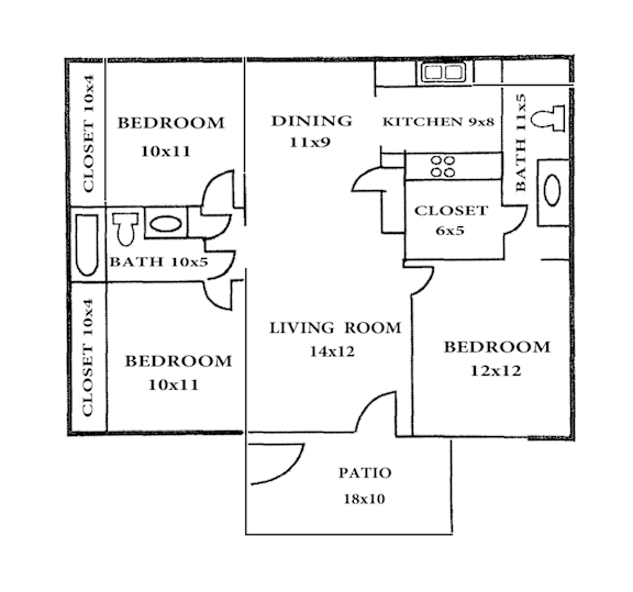 A floor plan of a house with two bedrooms, a living room, a dining room, a kitchen, a bathroom, a closet, and a patio.