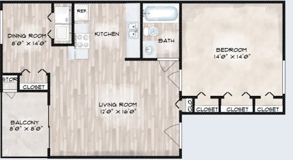 Floor Plan  A floor plan of a house with a living room, dining room, kitchen, bedroom, and bathroom.