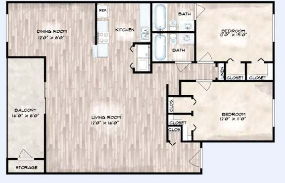 A floor plan of a house with a living room, dining room, kitchen, two bedrooms, a bathroom, a balcony, and storage.