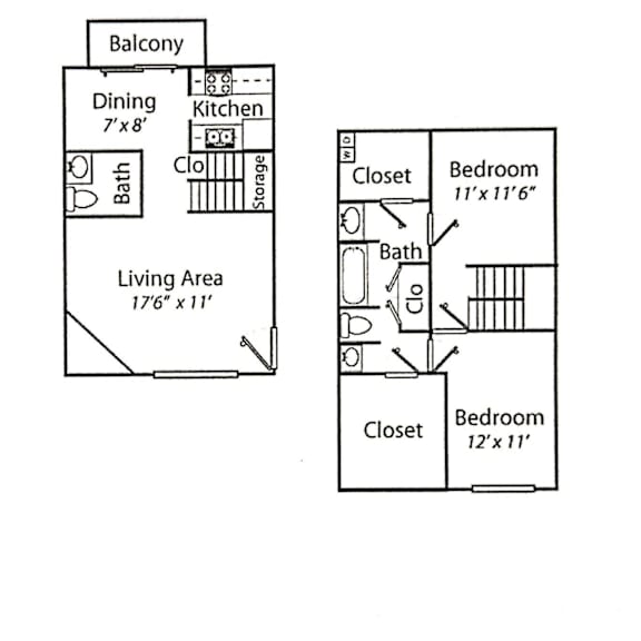 A floor plan of a small apartment with a living area, two bedrooms, a kitchen, and a bathroom.