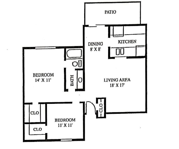 Floor Plan  A floor plan of a home with a living area, two bedrooms, a dining area, a kitchen, and a patio.
