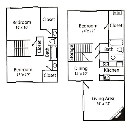 A floor plan of a two bedroom apartment with a living area.