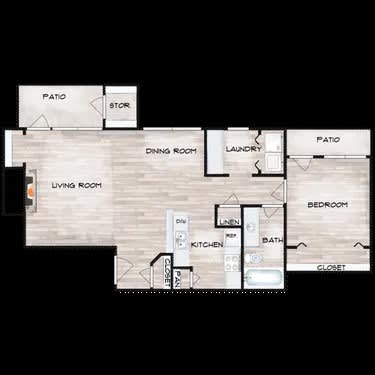 A floor plan of a house with a living room, dining room, kitchen, bedroom, and bathroom.