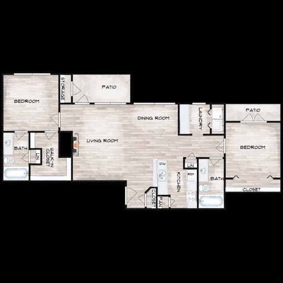 A floor plan of a house with two bedrooms, a living room, a dining room, a kitchen, a bathroom, a closet, and a patio.