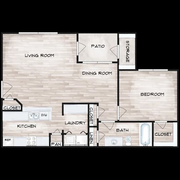 A floor plan of a house with a living room, dining room, kitchen, and bedroom.