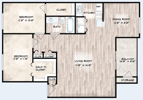 Floor Plan  A floor plan of a house with two bedrooms, a living room, a kitchen, a dining room, a bath, a walk-in closet, and storage.