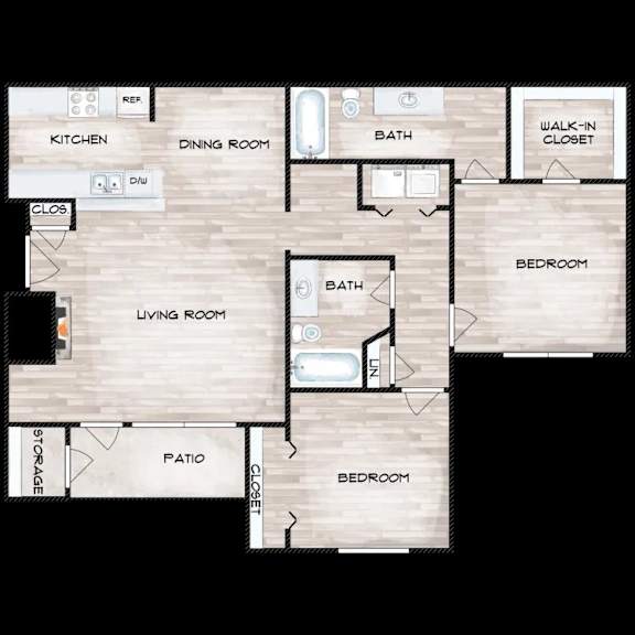 A floor plan of a house with a living room, dining room, kitchen, and two bedrooms.
