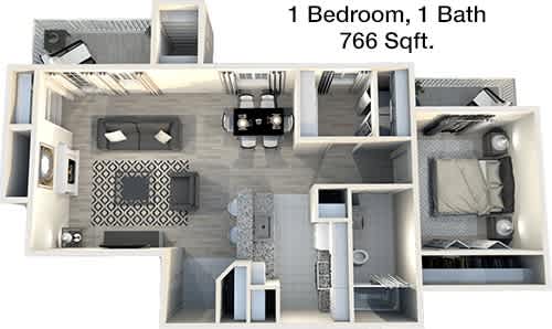 A 3D floor plan of a one bedroom apartment with one bathroom and a total area of 766 square feet.