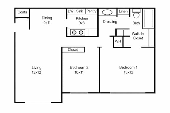 A floor plan of a house with a living room, two bedrooms, a dining room, a kitchen, a bathroom, a walk-in closet, and a pantry.