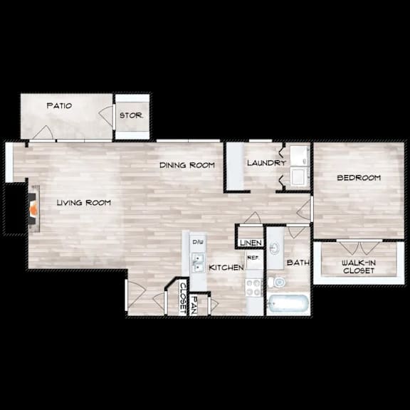 A floor plan of a house with a living room, dining room, kitchen, laundry, and bathroom.