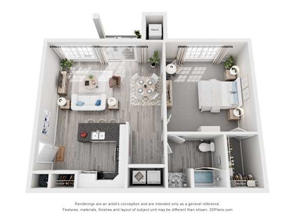 A 3D floor plan of a small apartment with a kitchen, living room, and bedroom.