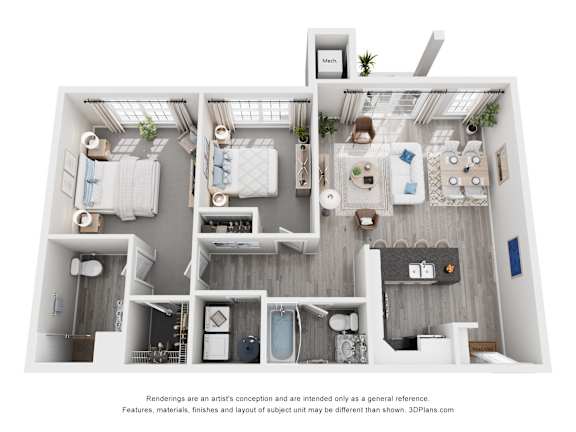 A 3D floor plan of a house with two bedrooms, a living room, a kitchen, and a bathroom.