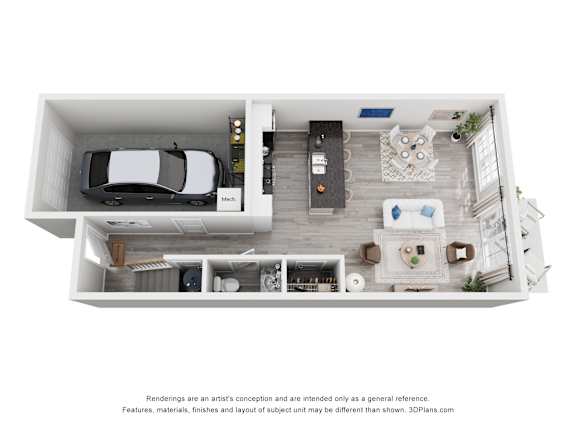 A 3D floor plan of a house with a kitchen, living room, and two bedrooms.