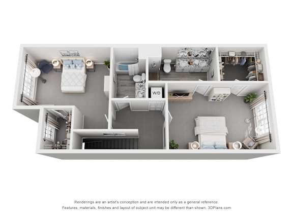 A 3D floor plan of a house with a kitchen, living room, and bedrooms.