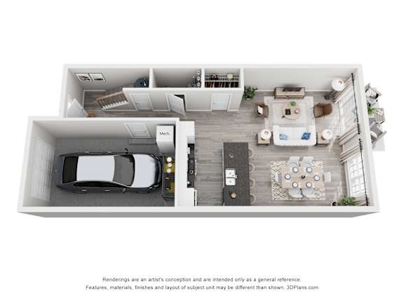 A 3D floor plan of a house with a kitchen, living room, and a garage.