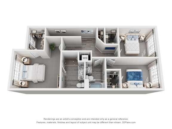 A 3D floor plan of a house with multiple rooms.