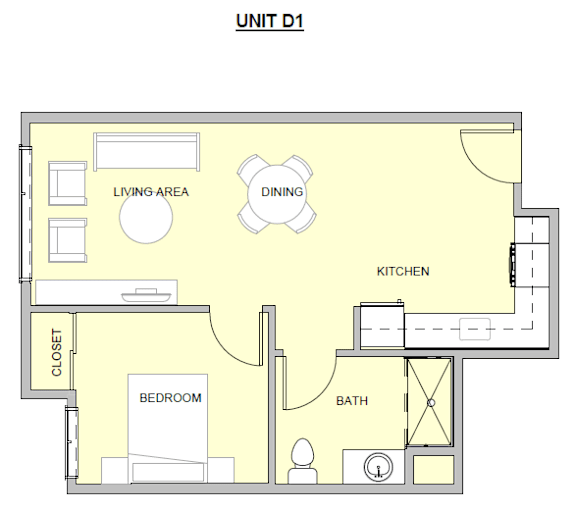 A floor plan of a unit with a living area, dining area, kitchen, bath, and bedroom.
