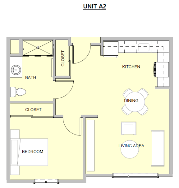 A floor plan of a unit labeled A2 shows a bedroom, bathroom, kitchen, dining area, and living area.