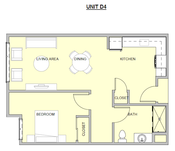 A floor plan of a unit with a living area, dining area, kitchen, bedroom, bathroom, and closet.