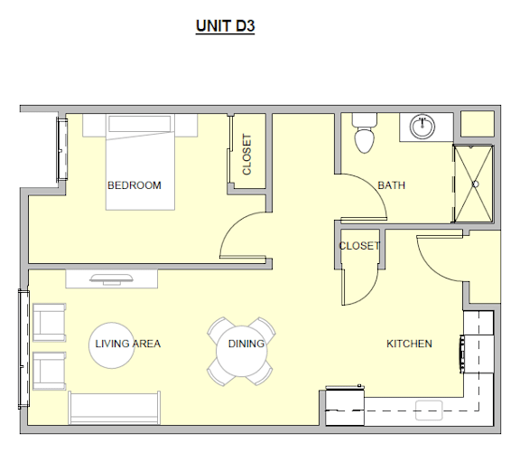 A floor plan of a unit with a bedroom, living area, dining area, kitchen, and bathroom.