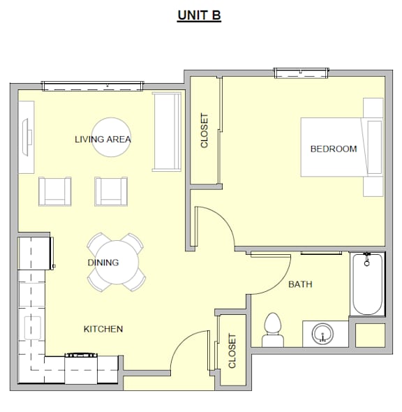 A floor plan of a unit with a living area, dining area, kitchen, bedroom, and bathroom.