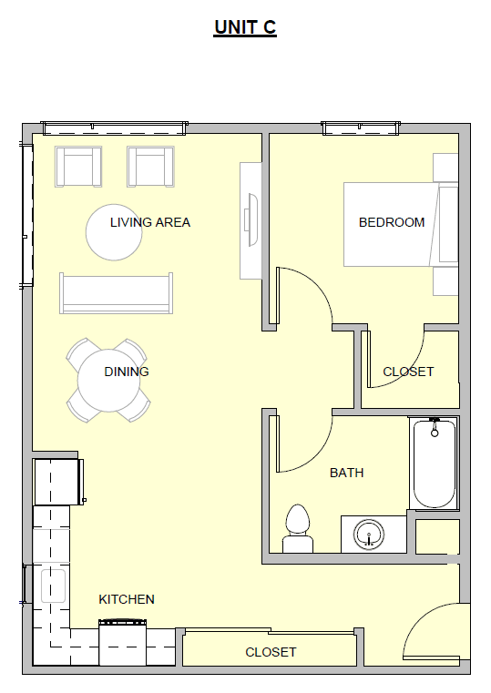 A floor plan of a unit with a living area, dining area, kitchen, bathroom, and two closets.