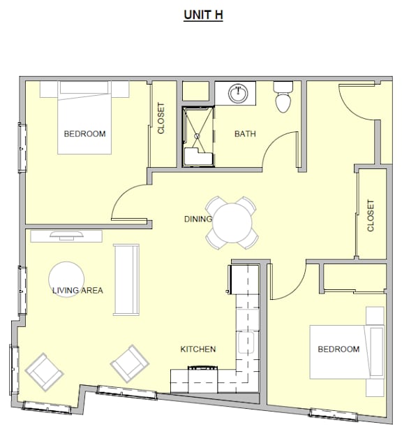 A floor plan of Unit H showing a bedroom, living area, kitchen, dining area, bathroom, and closet.