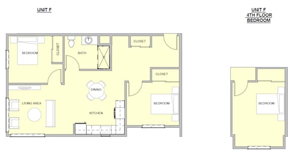 A floor plan of a unit with a bedroom, bath, living area, kitchen, dining area, and two bathrooms.