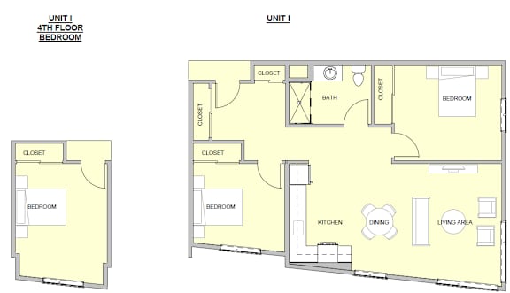 A floor plan of a 4th floor bedroom with a bathroom and closet.