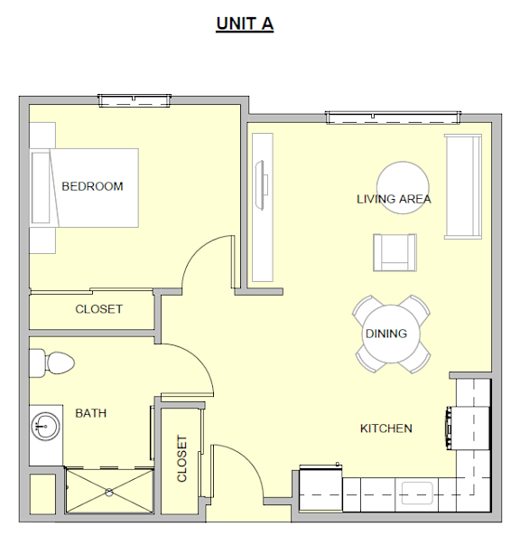 A floor plan of Unit A showing a bedroom, living area, kitchen, dining area, and bathroom.