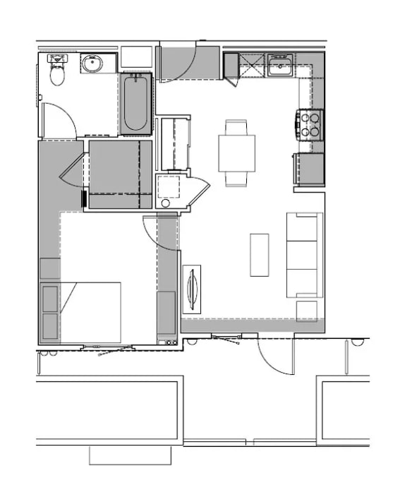 A floor plan of a house with a kitchen, living room, and bathroom.