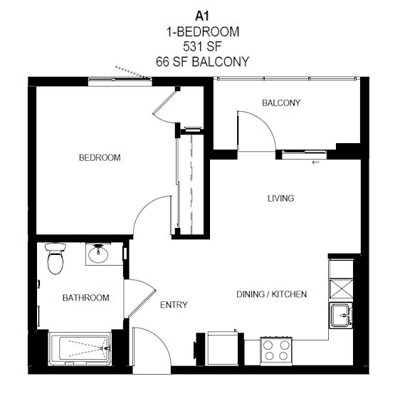 A 1-bedroom apartment in San Francisco is laid out in this diagram at Tellus on Carson Apartments in Torrance, CA, 90502