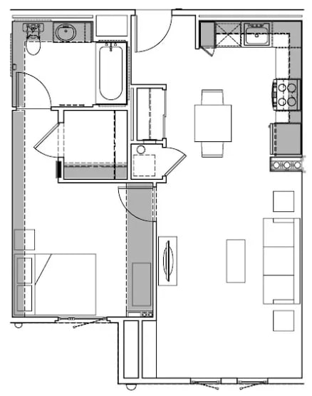 A floor plan of a house with a kitchen, living room, and bathroom.