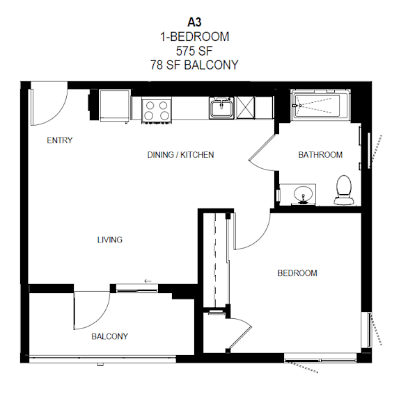 A 1 bedroom apartment with a living room, dining/kitchen area, and bathroom at Tellus on Carson Apartments in Torrance, CA, 90502