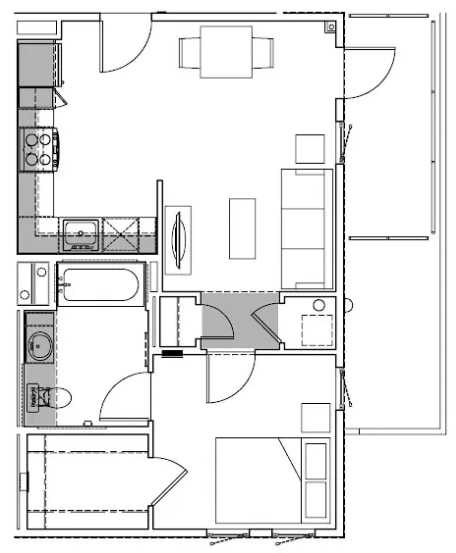 A floor plan of a house with a kitchen, living room, and bathroom.