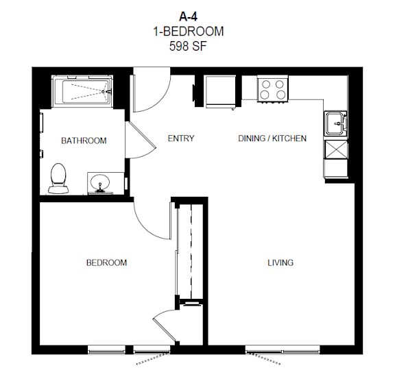 A floor plan of a one bedroom apartment with a living area, dining/kitchen area, and bathroom at Tellus on Carson Apartments in Torrance, CA, 90502