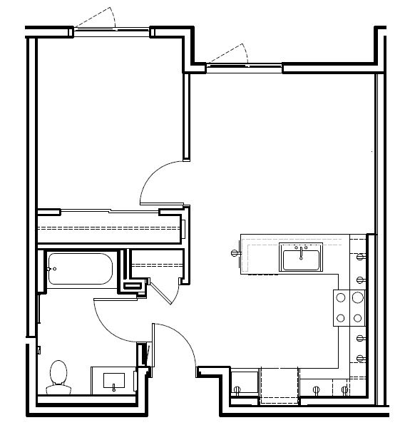 A floor plan of a house with a kitchen, living room, and bathroom.