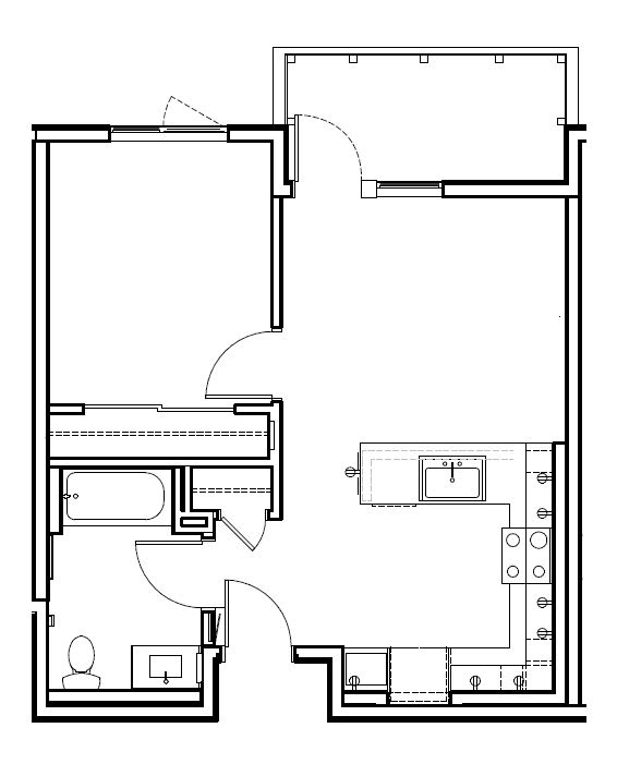 A floor plan of a house with a kitchen, living room, and two bedrooms.