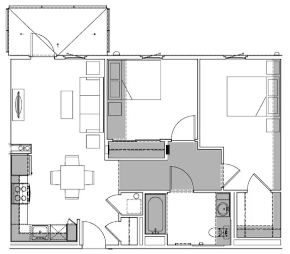 A floor plan of a house with a kitchen, living room, and bathrooms.