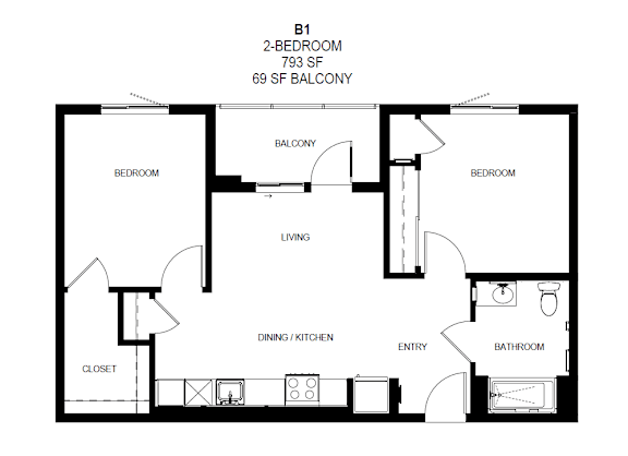 A black and white image of a floor plan for a 2-bedroom apartment at Tellus on Carson Apartments in Torrance, CA, 90502