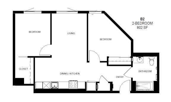 A black and white floor plan of a two bedroom apartment at Tellus on Carson Apartments in Torrance, CA, 90502